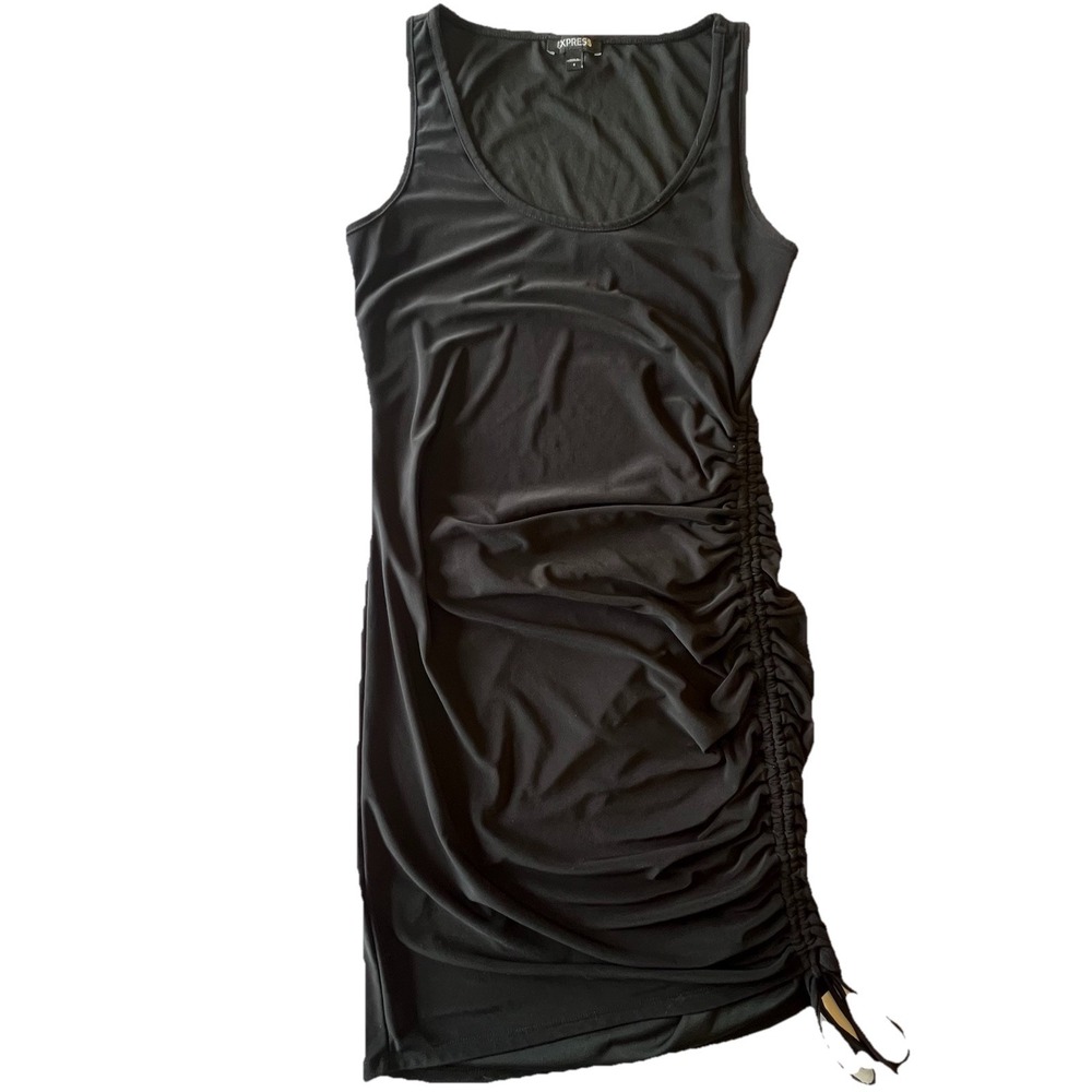Black Bodycon Sleeveless Dress Ruched Drawstring Side Express Sz Small S